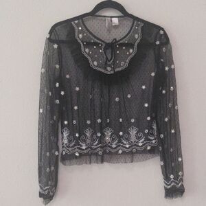 H&M Gray Embellished Ruffled Long Sleeve Blouse